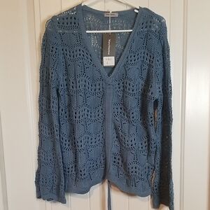 Blue V-Neck Crochet Sweater With Adjustable Drawstring Center Size Large NWT